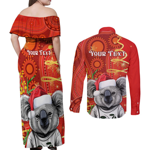 personalised-australia-koala-christmas-couples-matching-off-shoulder-maxi-dress-and-long-sleeve-button-shirt-aboriginal-art-with-golden-wattle