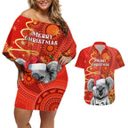 personalised-australia-koala-christmas-couples-matching-off-shoulder-short-dress-and-hawaiian-shirt-aboriginal-art-with-golden-wattle