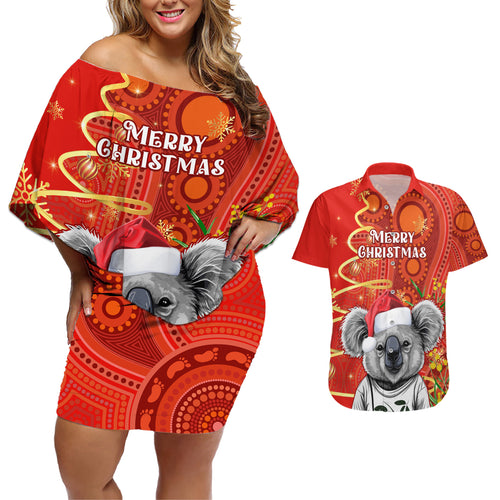 personalised-australia-koala-christmas-couples-matching-off-shoulder-short-dress-and-hawaiian-shirt-aboriginal-art-with-golden-wattle
