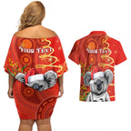 personalised-australia-koala-christmas-couples-matching-off-shoulder-short-dress-and-hawaiian-shirt-aboriginal-art-with-golden-wattle