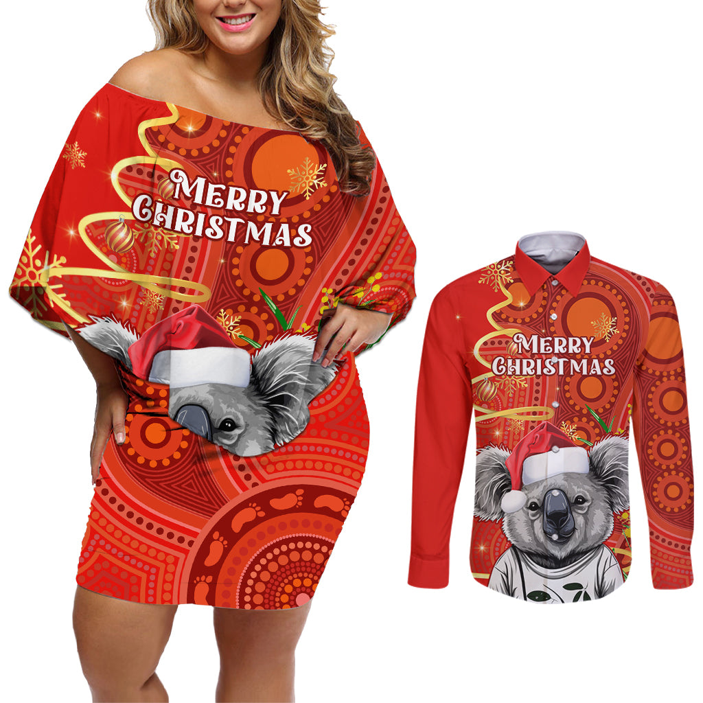 personalised-australia-koala-christmas-couples-matching-off-shoulder-short-dress-and-long-sleeve-button-shirt-aboriginal-art-with-golden-wattle