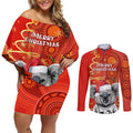 personalised-australia-koala-christmas-couples-matching-off-shoulder-short-dress-and-long-sleeve-button-shirt-aboriginal-art-with-golden-wattle