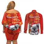 personalised-australia-koala-christmas-couples-matching-off-shoulder-short-dress-and-long-sleeve-button-shirt-aboriginal-art-with-golden-wattle