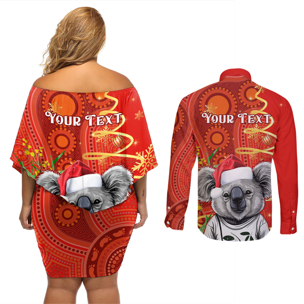 personalised-australia-koala-christmas-couples-matching-off-shoulder-short-dress-and-long-sleeve-button-shirt-aboriginal-art-with-golden-wattle