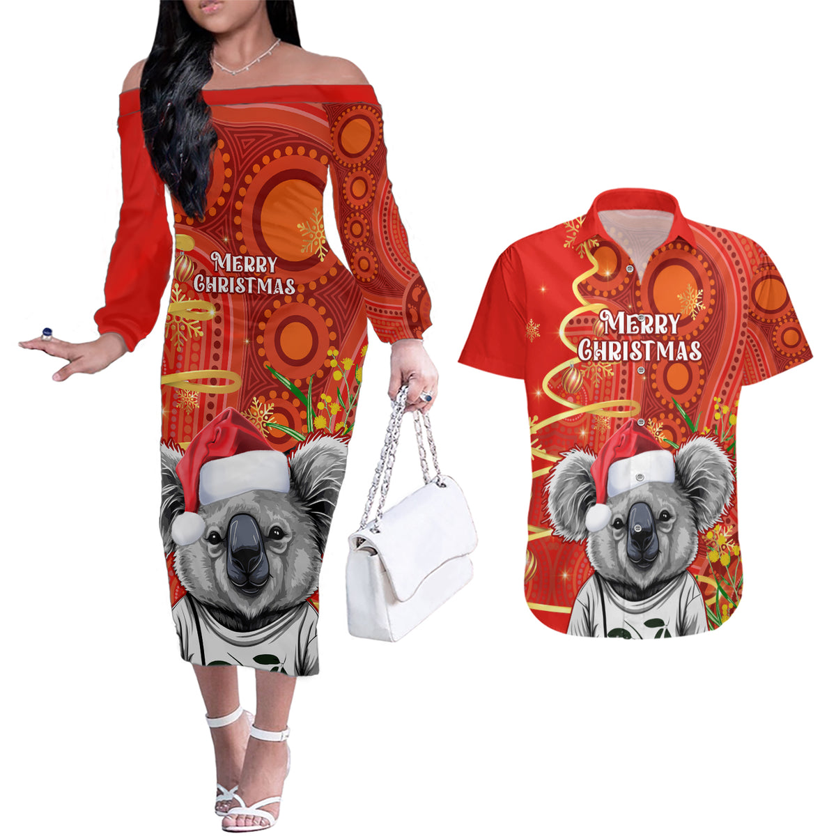 personalised-australia-koala-christmas-couples-matching-off-the-shoulder-long-sleeve-dress-and-hawaiian-shirt-aboriginal-art-with-golden-wattle
