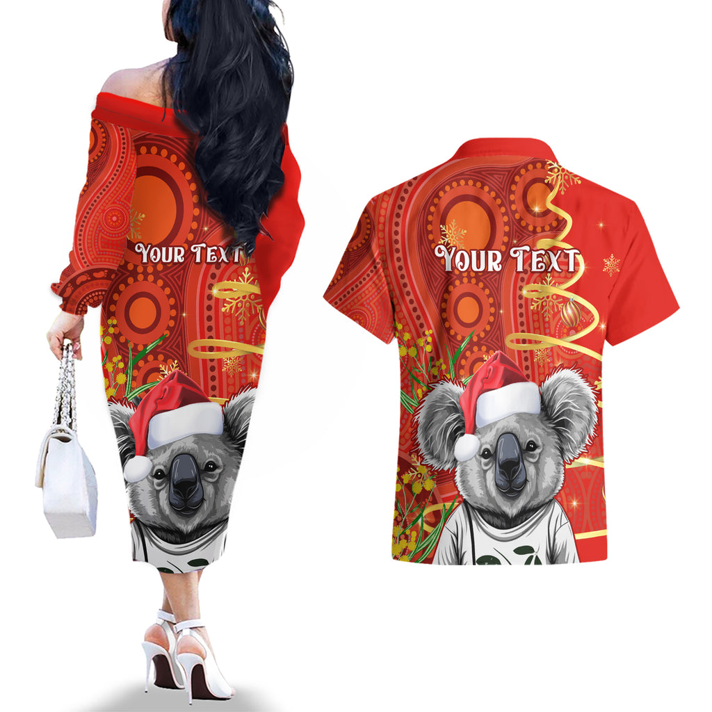 personalised-australia-koala-christmas-couples-matching-off-the-shoulder-long-sleeve-dress-and-hawaiian-shirt-aboriginal-art-with-golden-wattle