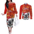 personalised-australia-koala-christmas-couples-matching-off-the-shoulder-long-sleeve-dress-and-long-sleeve-button-shirt-aboriginal-art-with-golden-wattle