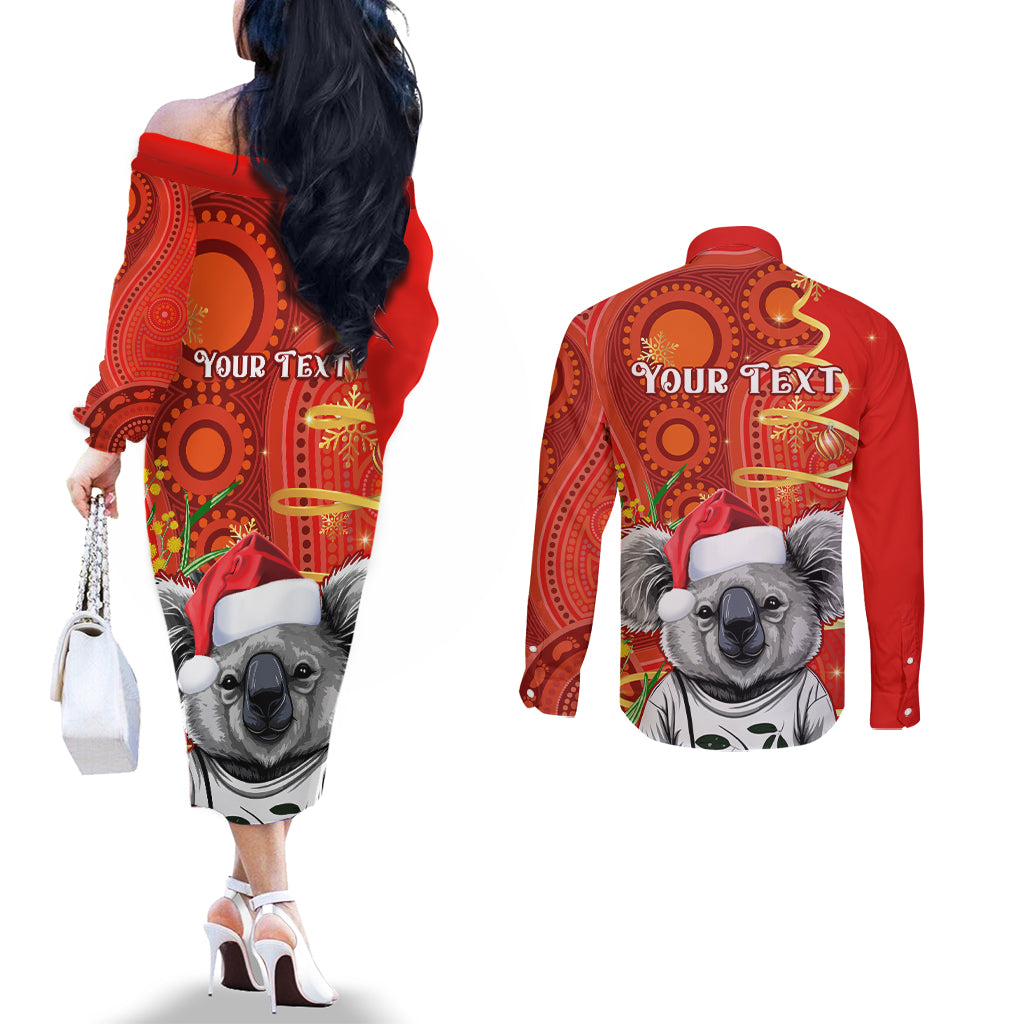 personalised-australia-koala-christmas-couples-matching-off-the-shoulder-long-sleeve-dress-and-long-sleeve-button-shirt-aboriginal-art-with-golden-wattle