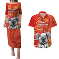 personalised-australia-koala-christmas-couples-matching-puletasi-dress-and-hawaiian-shirt-aboriginal-art-with-golden-wattle