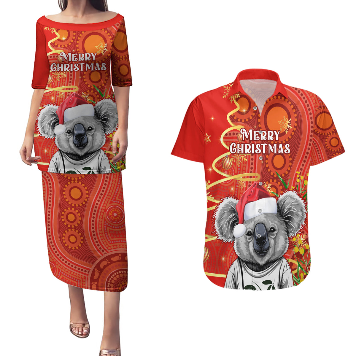 personalised-australia-koala-christmas-couples-matching-puletasi-dress-and-hawaiian-shirt-aboriginal-art-with-golden-wattle