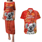 personalised-australia-koala-christmas-couples-matching-puletasi-dress-and-hawaiian-shirt-aboriginal-art-with-golden-wattle