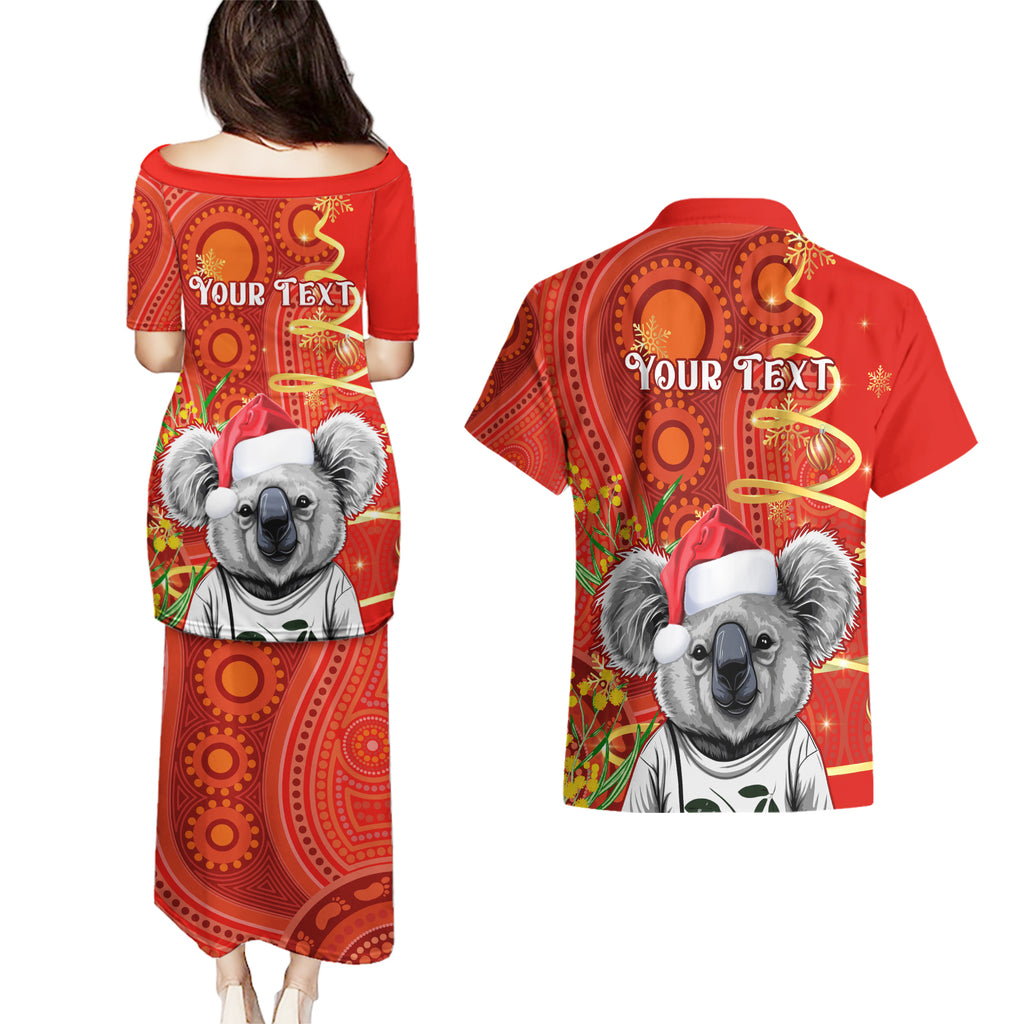 personalised-australia-koala-christmas-couples-matching-puletasi-dress-and-hawaiian-shirt-aboriginal-art-with-golden-wattle