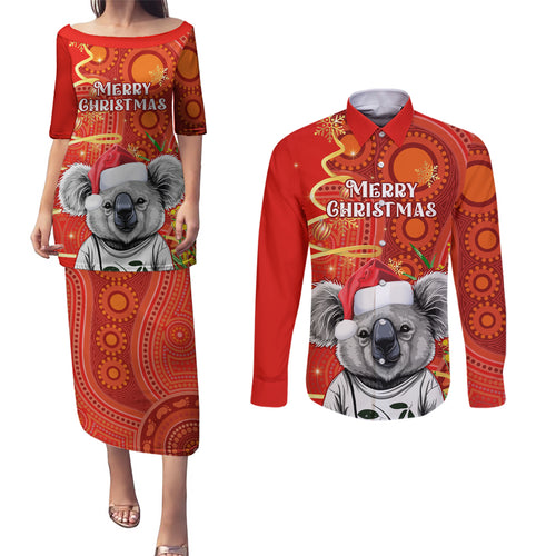 personalised-australia-koala-christmas-couples-matching-puletasi-dress-and-long-sleeve-button-shirt-aboriginal-art-with-golden-wattle