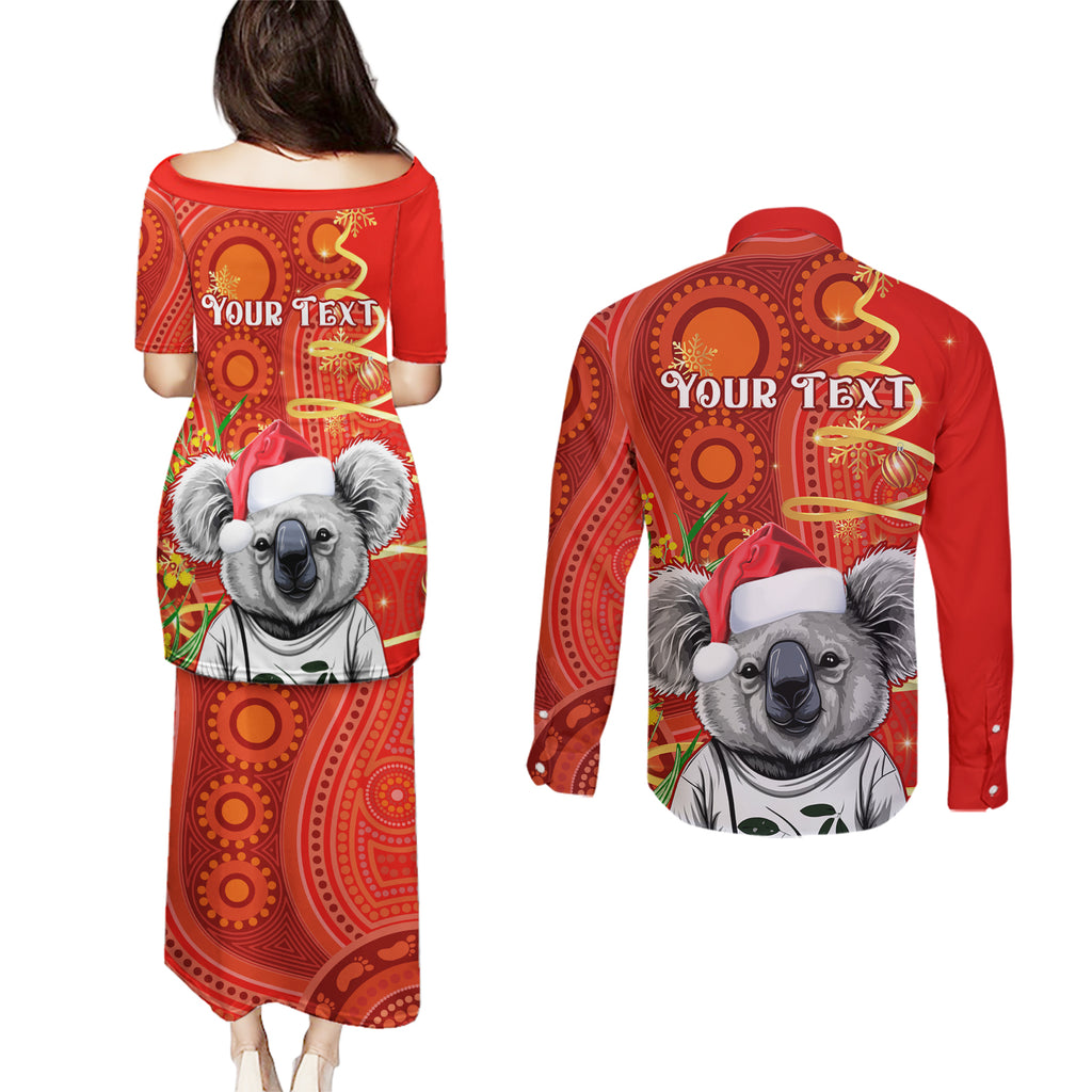 personalised-australia-koala-christmas-couples-matching-puletasi-dress-and-long-sleeve-button-shirt-aboriginal-art-with-golden-wattle