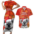 personalised-australia-koala-christmas-couples-matching-short-sleeve-bodycon-dress-and-hawaiian-shirt-aboriginal-art-with-golden-wattle