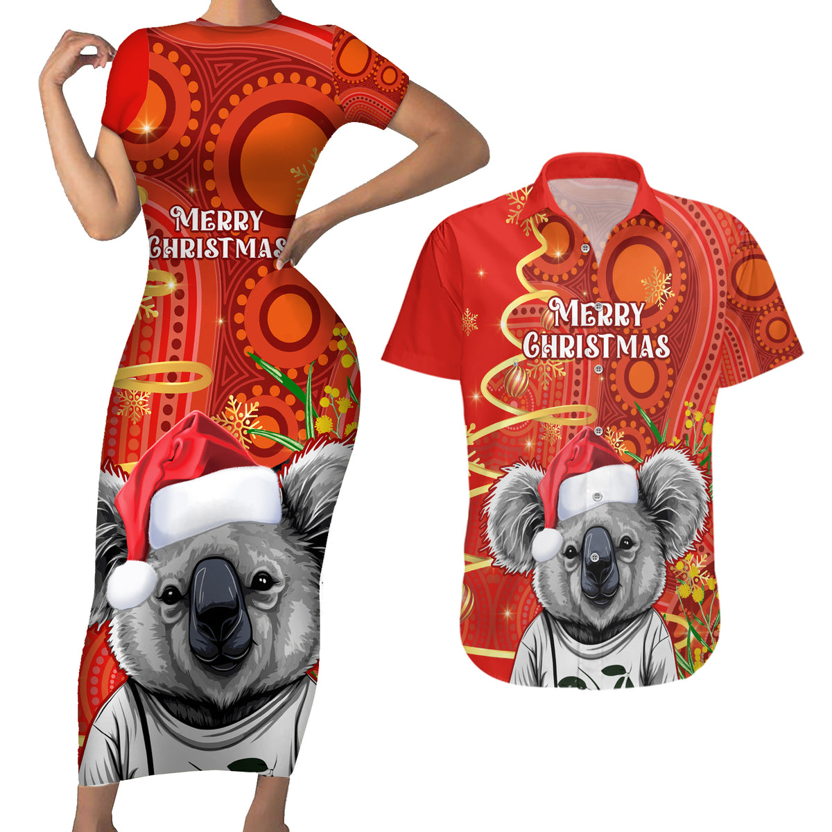 personalised-australia-koala-christmas-couples-matching-short-sleeve-bodycon-dress-and-hawaiian-shirt-aboriginal-art-with-golden-wattle