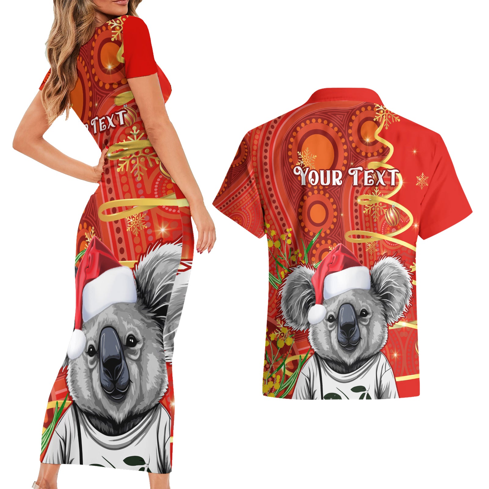 personalised-australia-koala-christmas-couples-matching-short-sleeve-bodycon-dress-and-hawaiian-shirt-aboriginal-art-with-golden-wattle