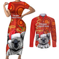 personalised-australia-koala-christmas-couples-matching-short-sleeve-bodycon-dress-and-long-sleeve-button-shirt-aboriginal-art-with-golden-wattle