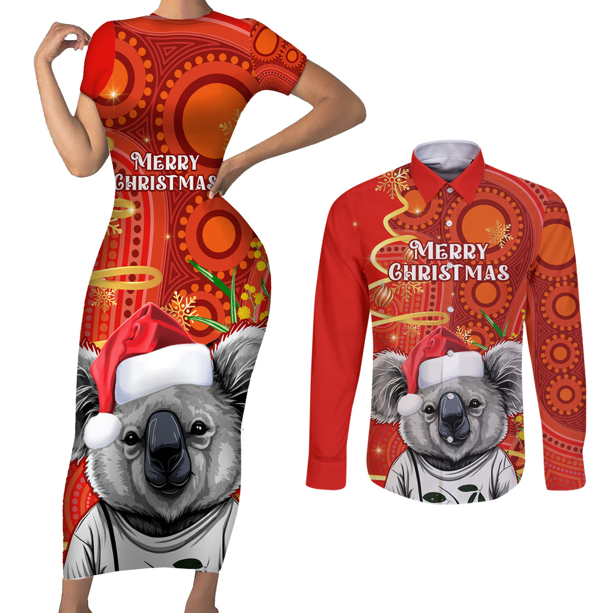 personalised-australia-koala-christmas-couples-matching-short-sleeve-bodycon-dress-and-long-sleeve-button-shirt-aboriginal-art-with-golden-wattle