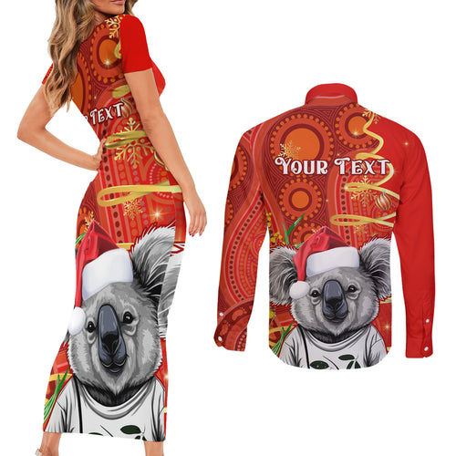 personalised-australia-koala-christmas-couples-matching-short-sleeve-bodycon-dress-and-long-sleeve-button-shirt-aboriginal-art-with-golden-wattle