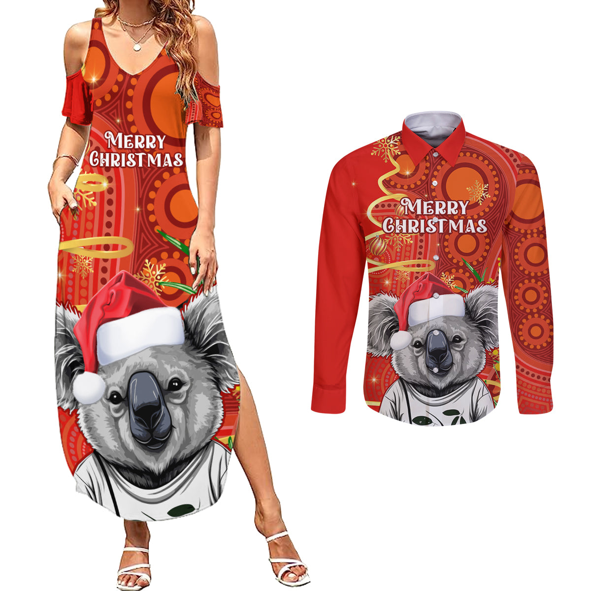 personalised-australia-koala-christmas-couples-matching-summer-maxi-dress-and-long-sleeve-button-shirt-aboriginal-art-with-golden-wattle