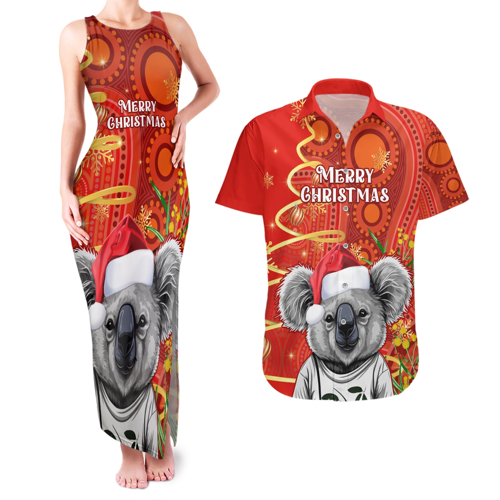 personalised-australia-koala-christmas-couples-matching-tank-maxi-dress-and-hawaiian-shirt-aboriginal-art-with-golden-wattle