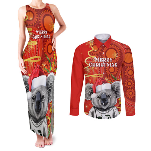 personalised-australia-koala-christmas-couples-matching-tank-maxi-dress-and-long-sleeve-button-shirt-aboriginal-art-with-golden-wattle