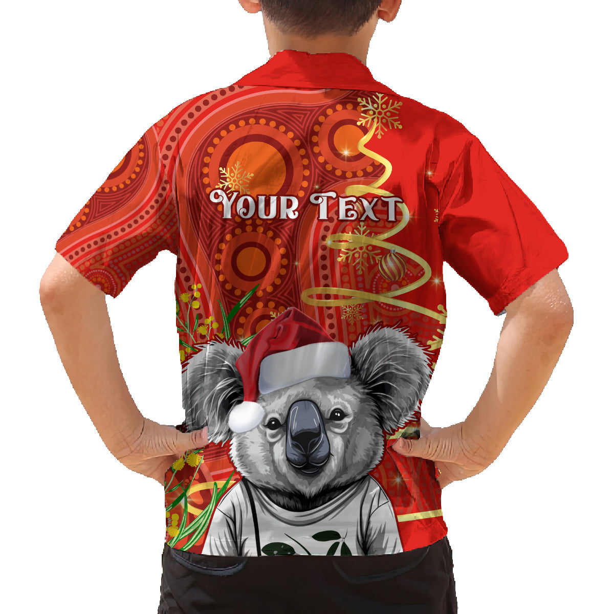 personalised-australia-koala-christmas-family-matching-long-sleeve-bodycon-dress-and-hawaiian-shirt-aboriginal-art-with-golden-wattle