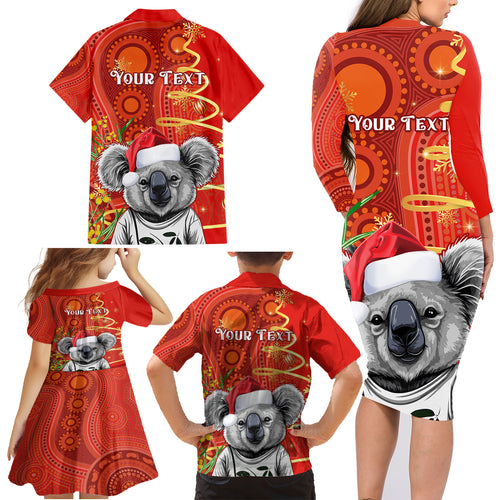 personalised-australia-koala-christmas-family-matching-long-sleeve-bodycon-dress-and-hawaiian-shirt-aboriginal-art-with-golden-wattle