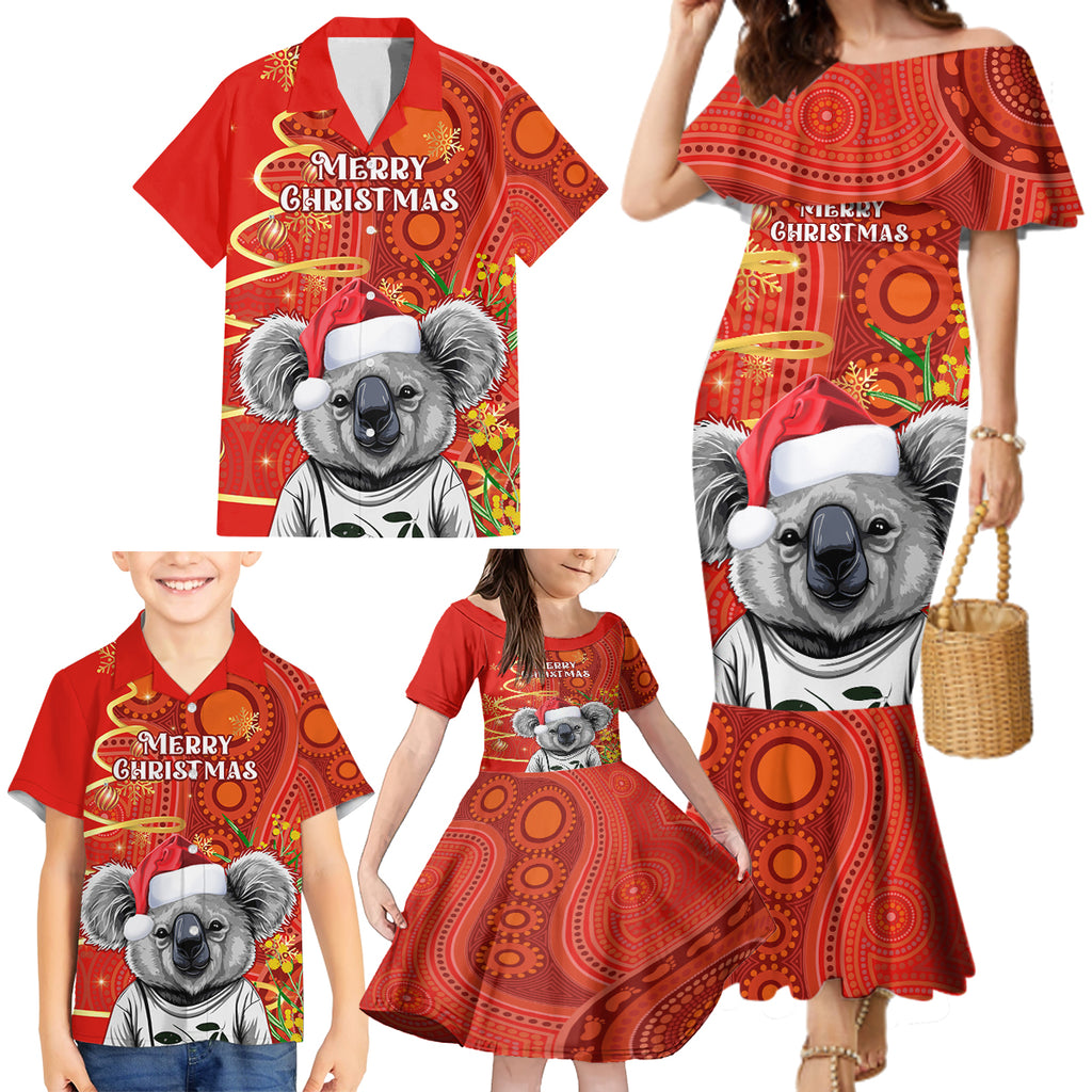 personalised-australia-koala-christmas-family-matching-mermaid-dress-and-hawaiian-shirt-aboriginal-art-with-golden-wattle