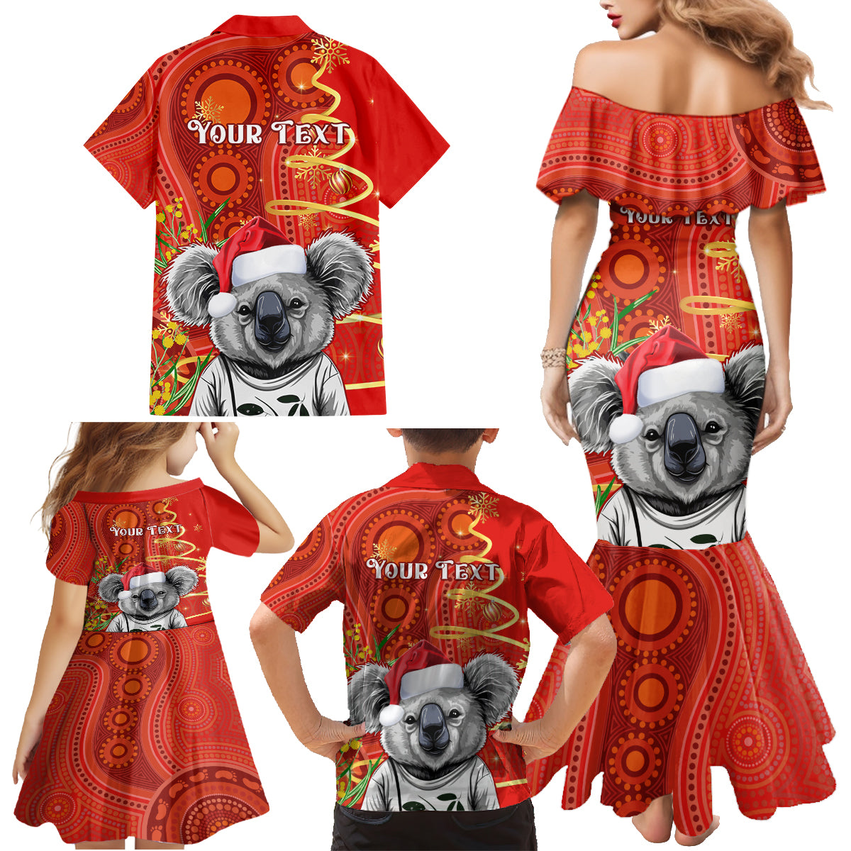 personalised-australia-koala-christmas-family-matching-mermaid-dress-and-hawaiian-shirt-aboriginal-art-with-golden-wattle