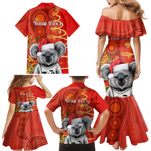 personalised-australia-koala-christmas-family-matching-mermaid-dress-and-hawaiian-shirt-aboriginal-art-with-golden-wattle