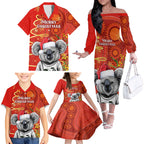 personalised-australia-koala-christmas-family-matching-off-shoulder-long-sleeve-dress-and-hawaiian-shirt-aboriginal-art-with-golden-wattle