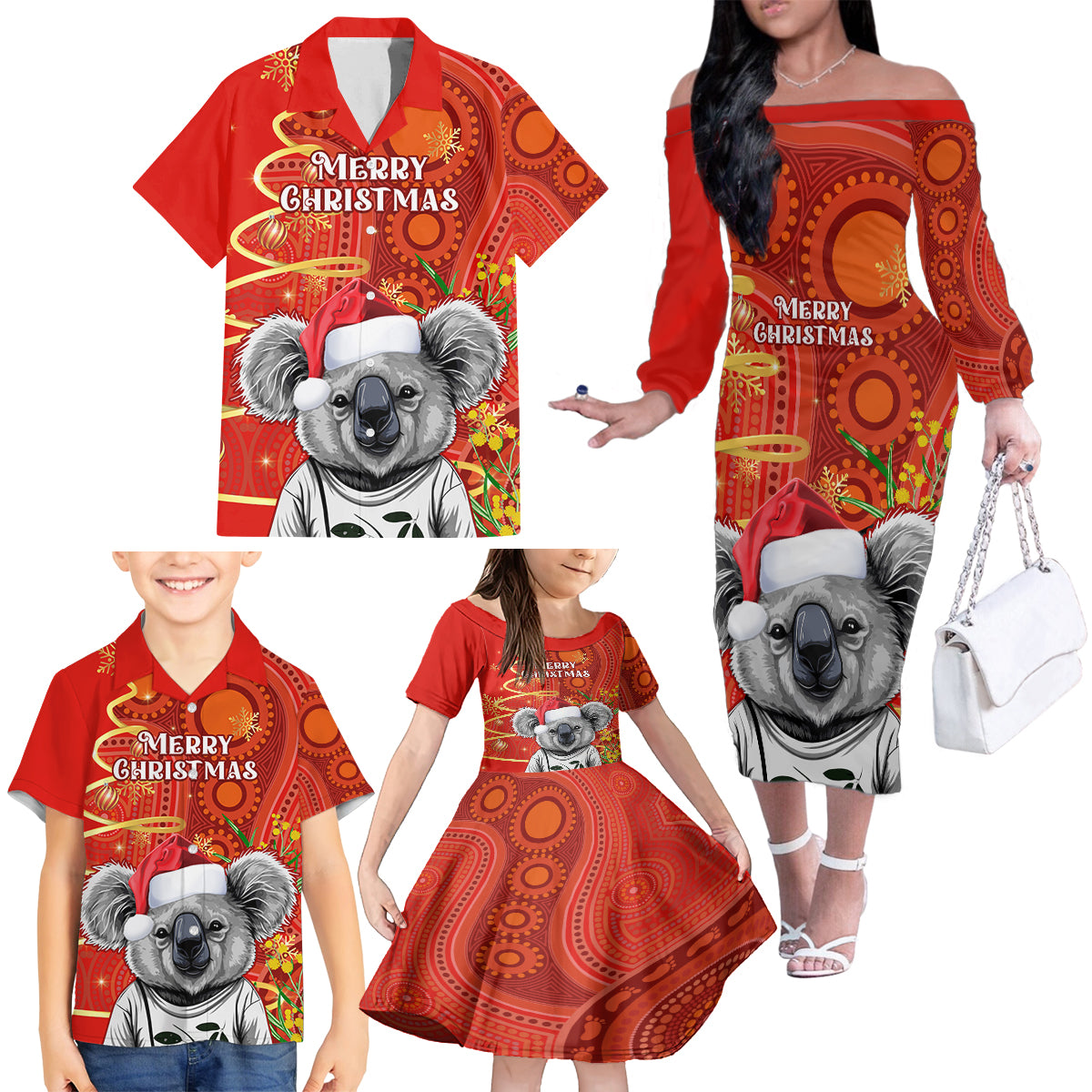 personalised-australia-koala-christmas-family-matching-off-shoulder-long-sleeve-dress-and-hawaiian-shirt-aboriginal-art-with-golden-wattle