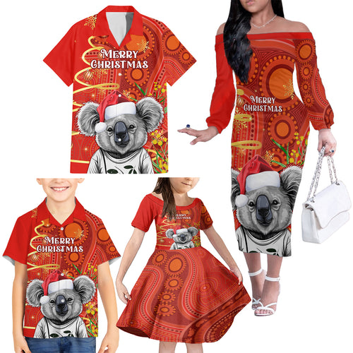 personalised-australia-koala-christmas-family-matching-off-shoulder-long-sleeve-dress-and-hawaiian-shirt-aboriginal-art-with-golden-wattle