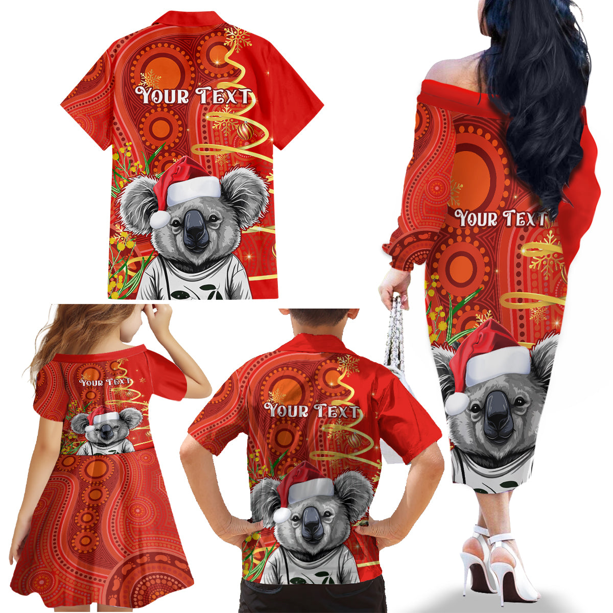 personalised-australia-koala-christmas-family-matching-off-shoulder-long-sleeve-dress-and-hawaiian-shirt-aboriginal-art-with-golden-wattle