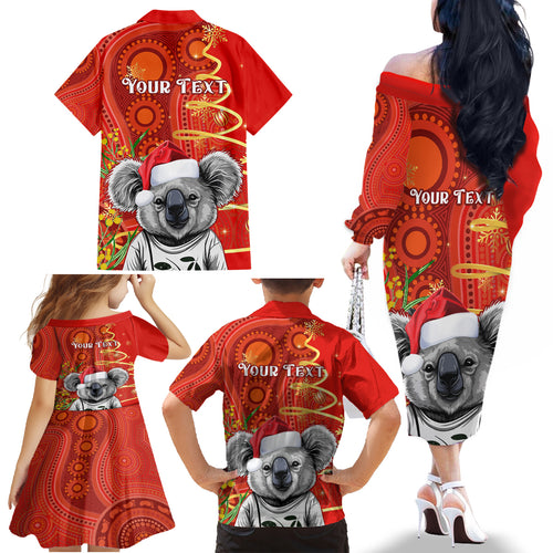 personalised-australia-koala-christmas-family-matching-off-shoulder-long-sleeve-dress-and-hawaiian-shirt-aboriginal-art-with-golden-wattle