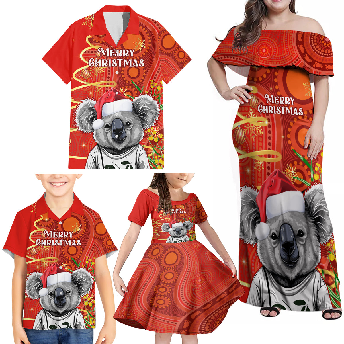 personalised-australia-koala-christmas-family-matching-off-shoulder-maxi-dress-and-hawaiian-shirt-aboriginal-art-with-golden-wattle