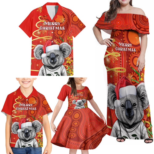 personalised-australia-koala-christmas-family-matching-off-shoulder-maxi-dress-and-hawaiian-shirt-aboriginal-art-with-golden-wattle