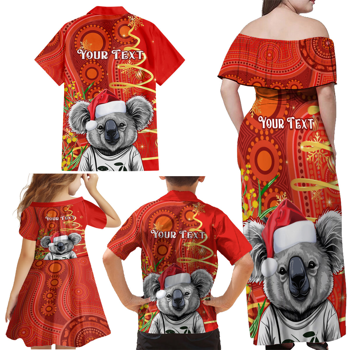 personalised-australia-koala-christmas-family-matching-off-shoulder-maxi-dress-and-hawaiian-shirt-aboriginal-art-with-golden-wattle