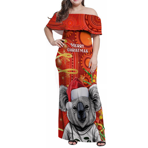 personalised-australia-koala-christmas-family-matching-off-shoulder-maxi-dress-and-hawaiian-shirt-aboriginal-art-with-golden-wattle