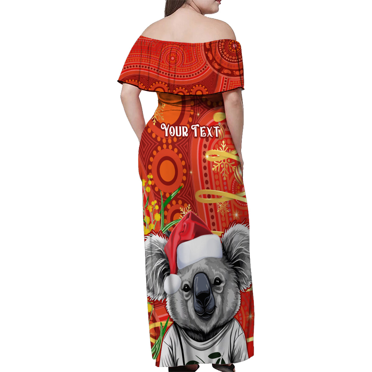 personalised-australia-koala-christmas-family-matching-off-shoulder-maxi-dress-and-hawaiian-shirt-aboriginal-art-with-golden-wattle