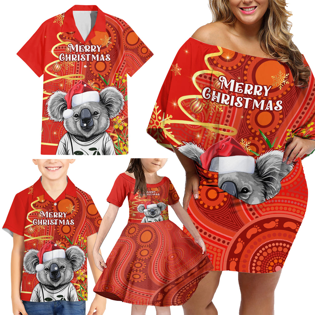personalised-australia-koala-christmas-family-matching-off-shoulder-short-dress-and-hawaiian-shirt-aboriginal-art-with-golden-wattle