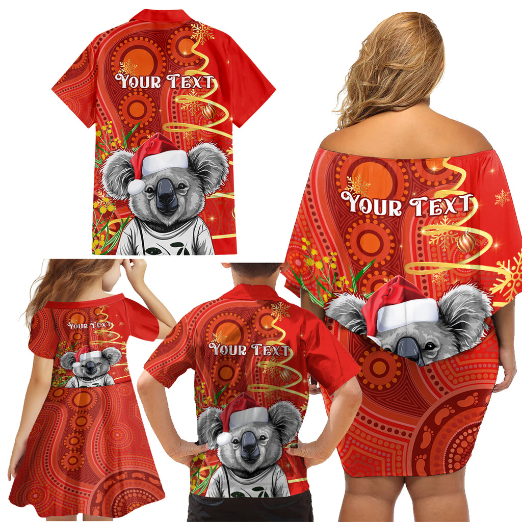 personalised-australia-koala-christmas-family-matching-off-shoulder-short-dress-and-hawaiian-shirt-aboriginal-art-with-golden-wattle