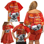 personalised-australia-koala-christmas-family-matching-off-shoulder-short-dress-and-hawaiian-shirt-aboriginal-art-with-golden-wattle