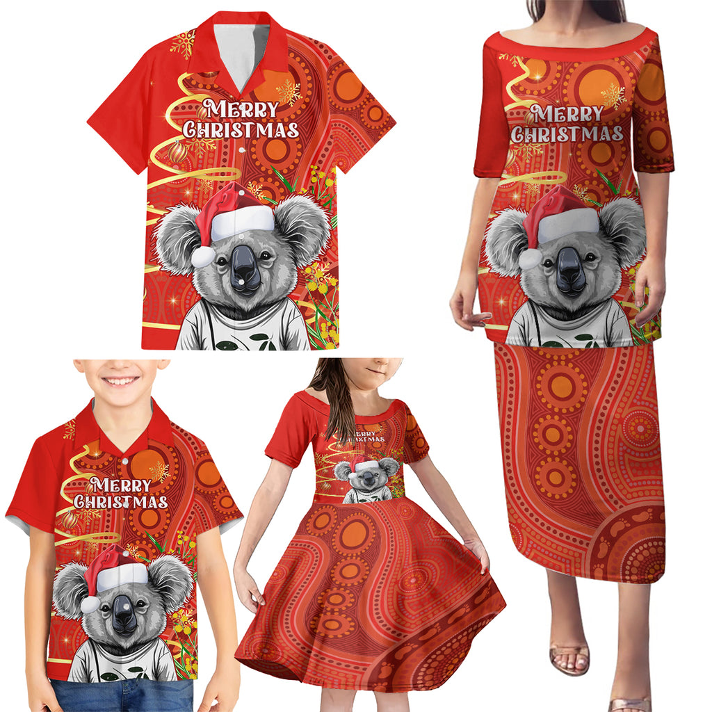 personalised-australia-koala-christmas-family-matching-puletasi-dress-and-hawaiian-shirt-aboriginal-art-with-golden-wattle