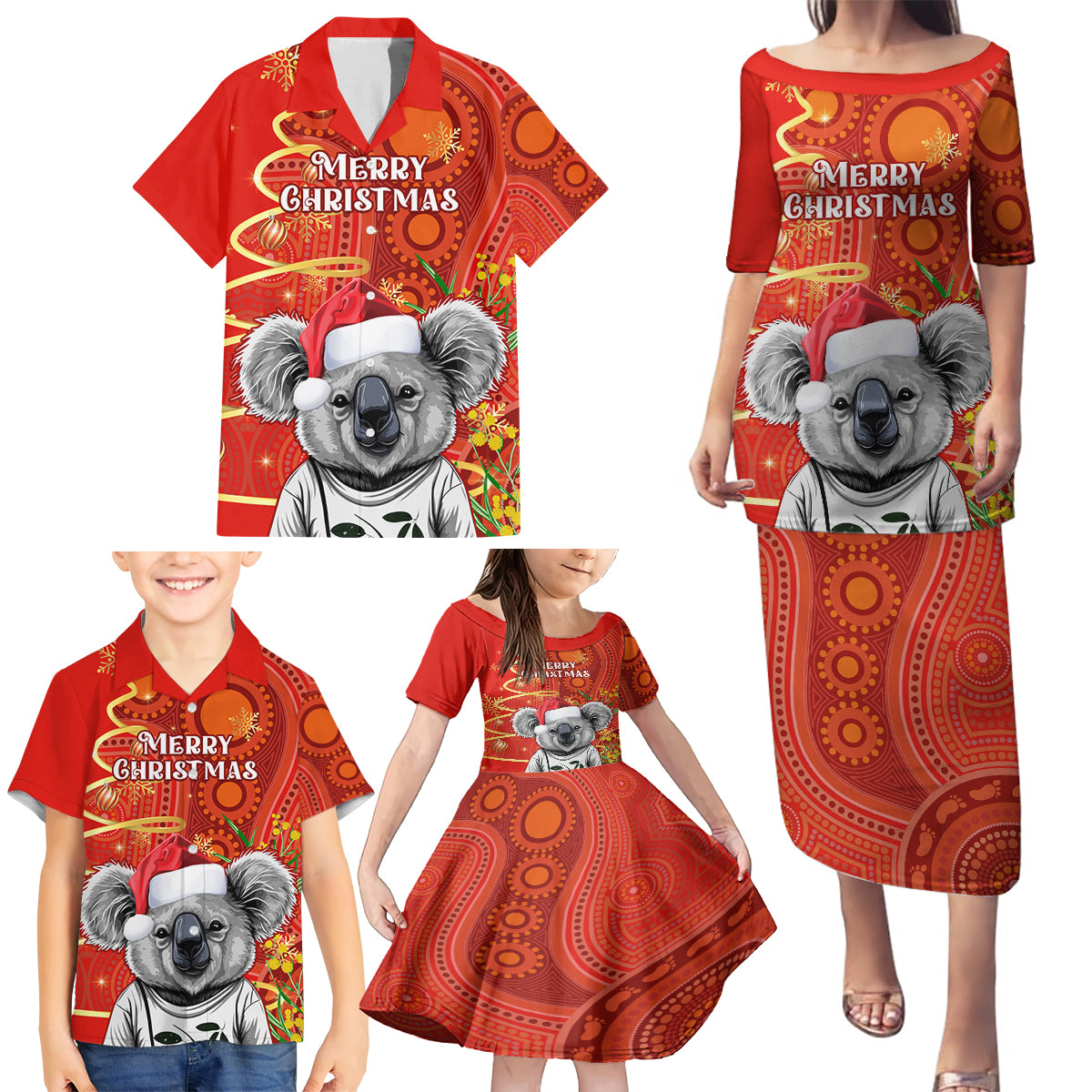 personalised-australia-koala-christmas-family-matching-puletasi-dress-and-hawaiian-shirt-aboriginal-art-with-golden-wattle