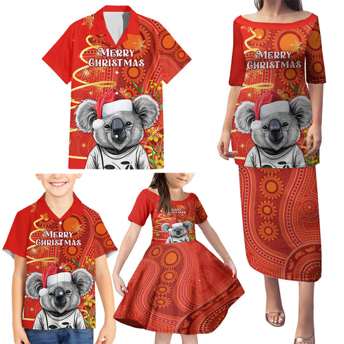 personalised-australia-koala-christmas-family-matching-puletasi-dress-and-hawaiian-shirt-aboriginal-art-with-golden-wattle