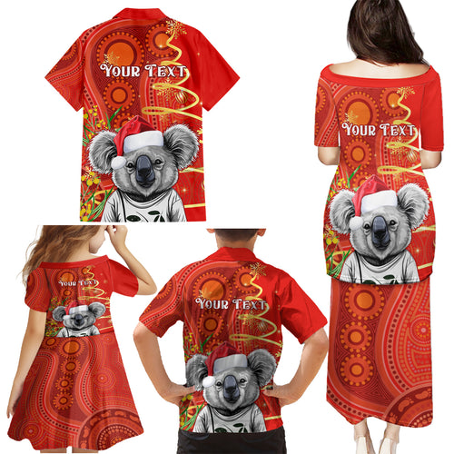 personalised-australia-koala-christmas-family-matching-puletasi-dress-and-hawaiian-shirt-aboriginal-art-with-golden-wattle