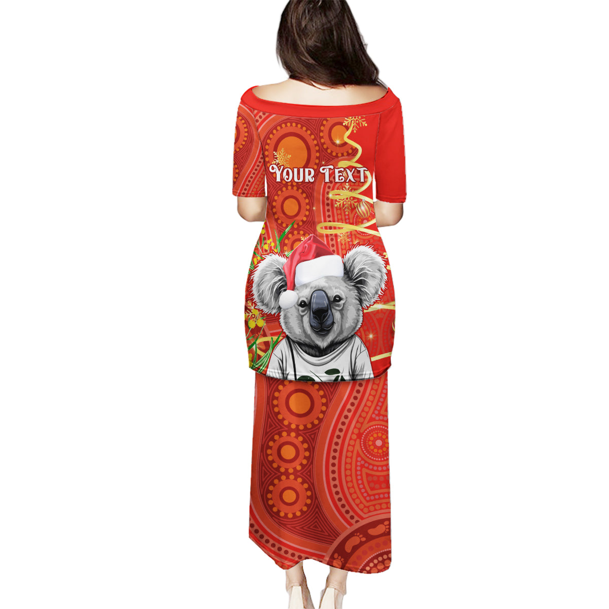 personalised-australia-koala-christmas-family-matching-puletasi-dress-and-hawaiian-shirt-aboriginal-art-with-golden-wattle
